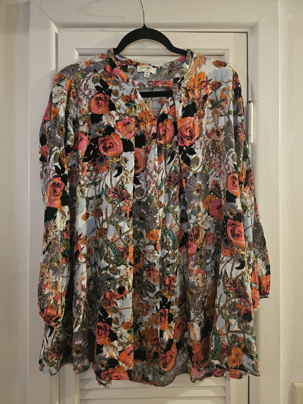 3/$13 Umgee Multicolor Floral Button-Neck Blouse with Pink & Orange Accents